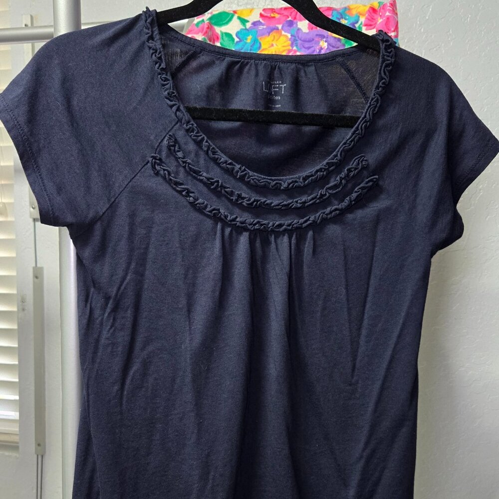 A Touch of Elegance: LOFT SP Petite Blue Shirt with Ruffles